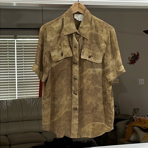 Cache Vintage Women’s Brown Short Sleeve Sheer Button Front Top Size S - Picture 1 of 4